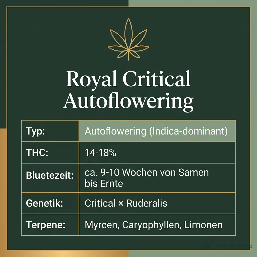 Infografik mit Royal Critical Autoflowering Key Facts: Typ Autoflowering (Indica-dominant), THC 14-18%, Bluetezeit ca. 9-10 Wochen von Samen bis Ernte, Genetik Critical × Ruderalis und Terpene Myrcen, Caryophyllen, Limonen