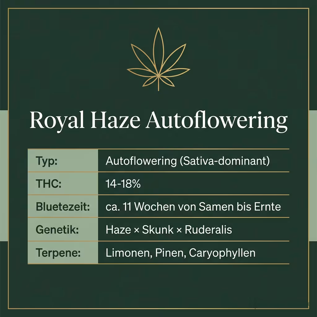Infografik mit Royal Haze Autoflowering Key Facts: Typ Autoflowering (Sativa-dominant), THC 14-18%, Bluetezeit ca. 11 Wochen von Samen bis Ernte, Genetik Haze × Skunk × Ruderalis und Terpene Limonen, Pinen, Caryophyllen