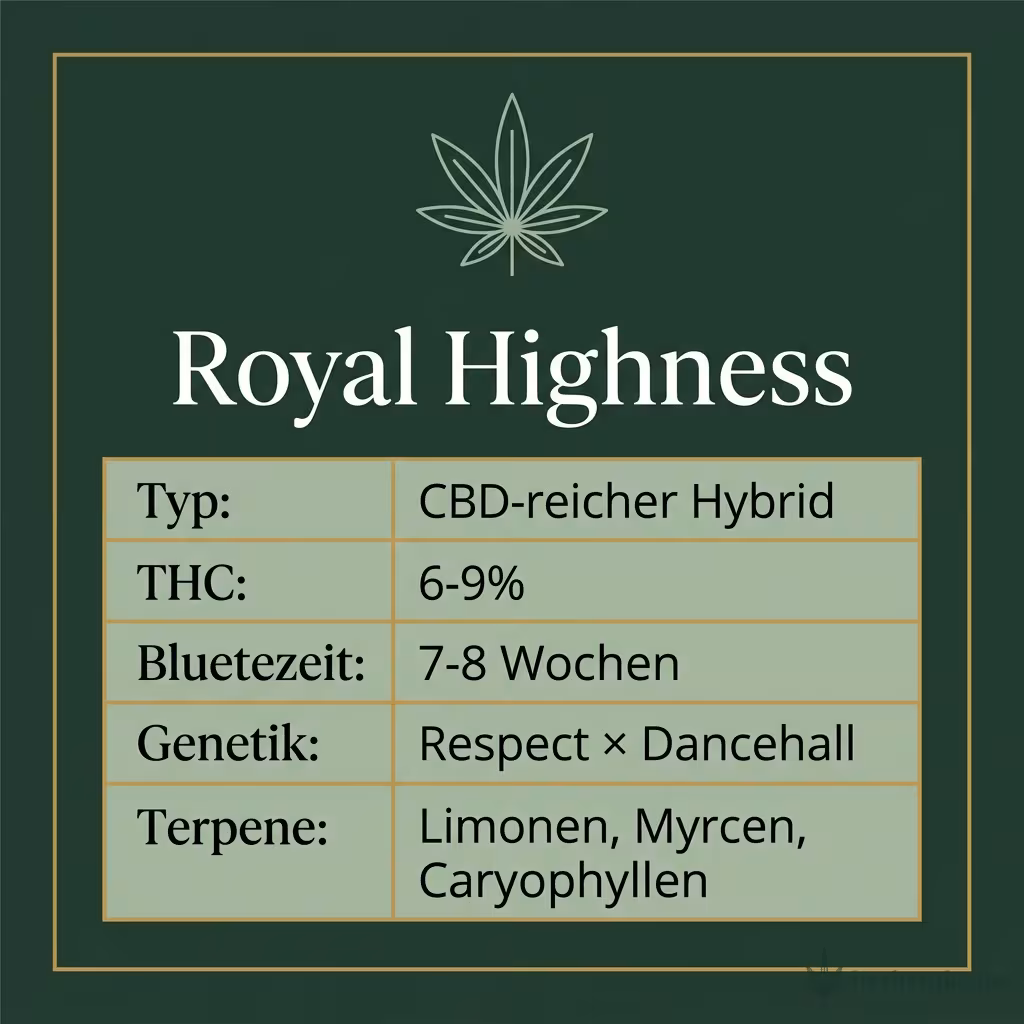 Infografik mit Royal Highness Key Facts: Typ CBD-reicher Hybrid, THC 6-9%, Bluetezeit 7-8 Wochen, Genetik Respect × Dancehall und Terpene Limonen, Myrcen, Caryophyllen