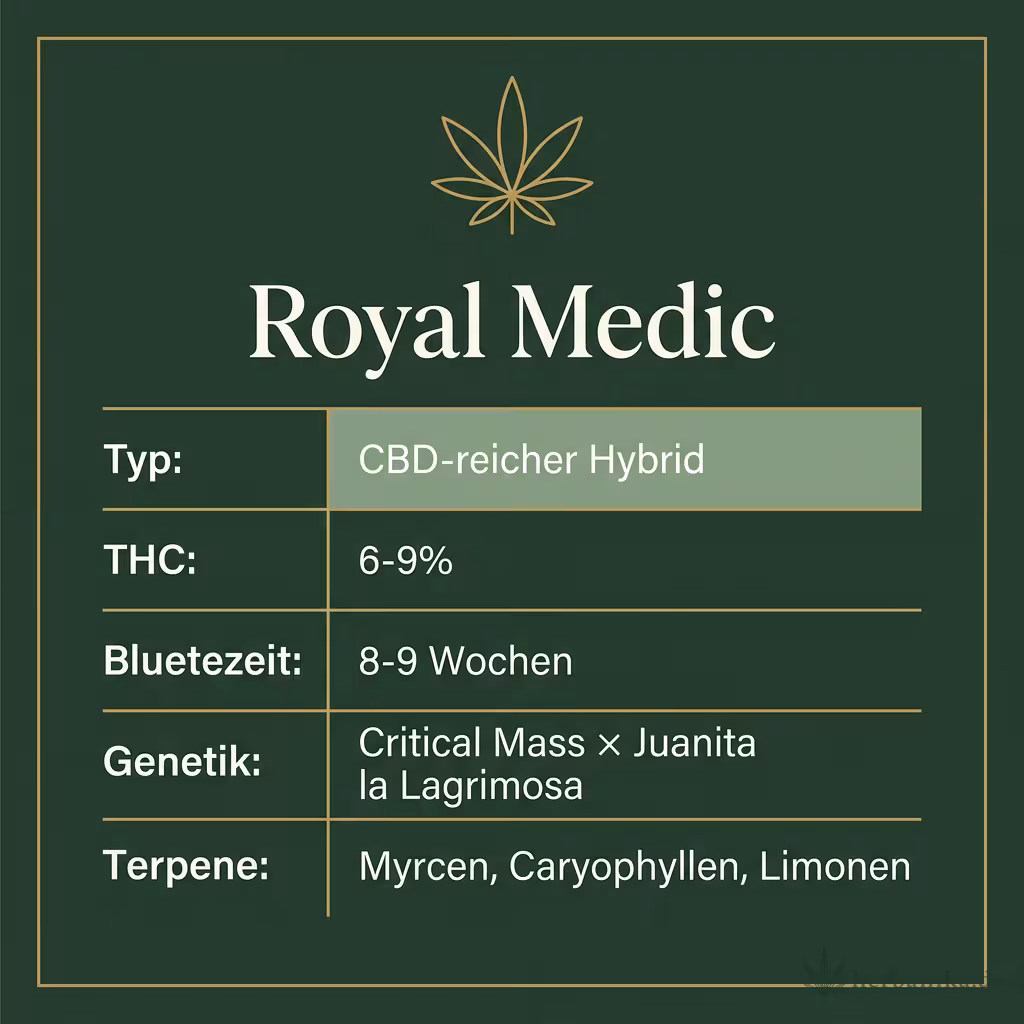 Infografik mit Royal Medic Key Facts: Typ CBD-reicher Hybrid, THC 6-9%, Bluetezeit 8-9 Wochen, Genetik Critical Mass × Juanita la Lagrimosa und Terpene Myrcen, Caryophyllen, Limonen