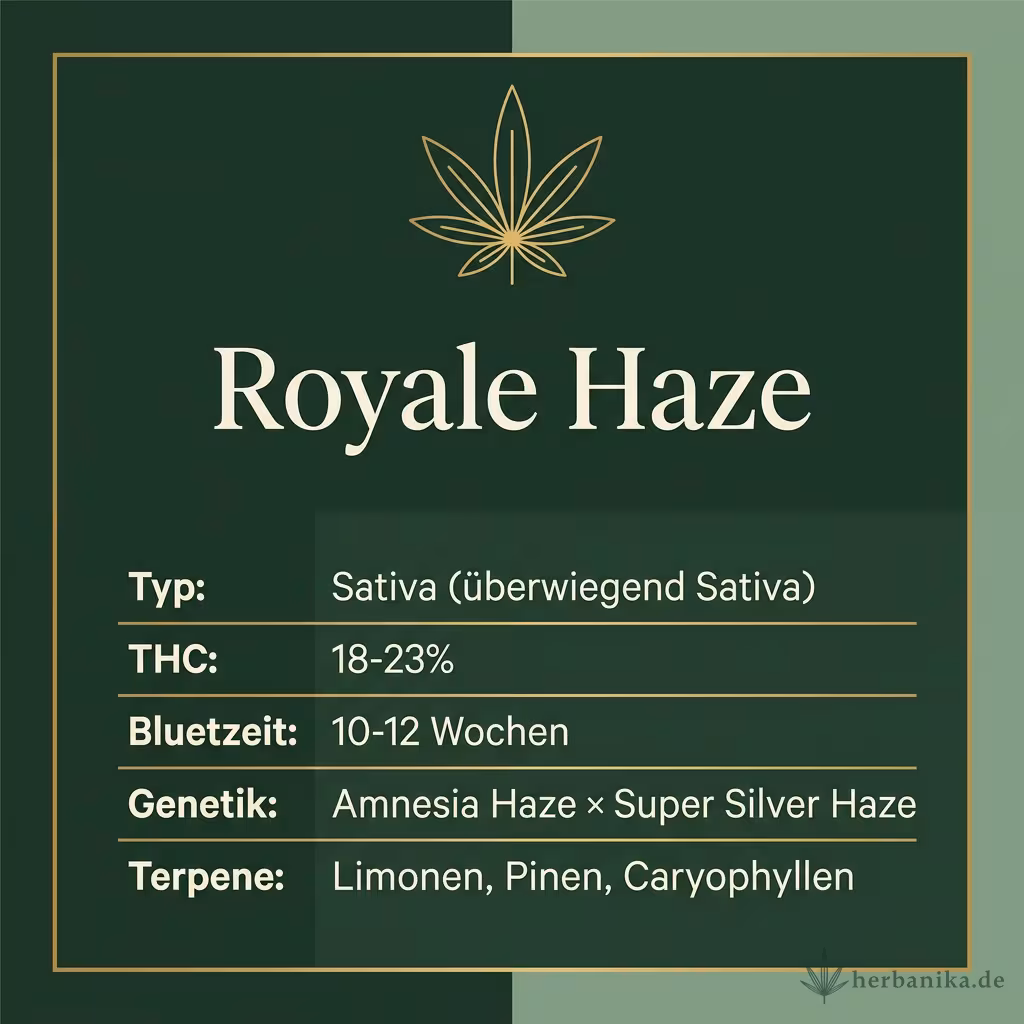 Infografik mit Royale Haze Key Facts: Typ Sativa (überwiegend Sativa), THC 18-23%, Bluetezeit 10-12 Wochen, Genetik Amnesia Haze × Super Silver Haze und Terpene Limonen, Pinen, Caryophyllen