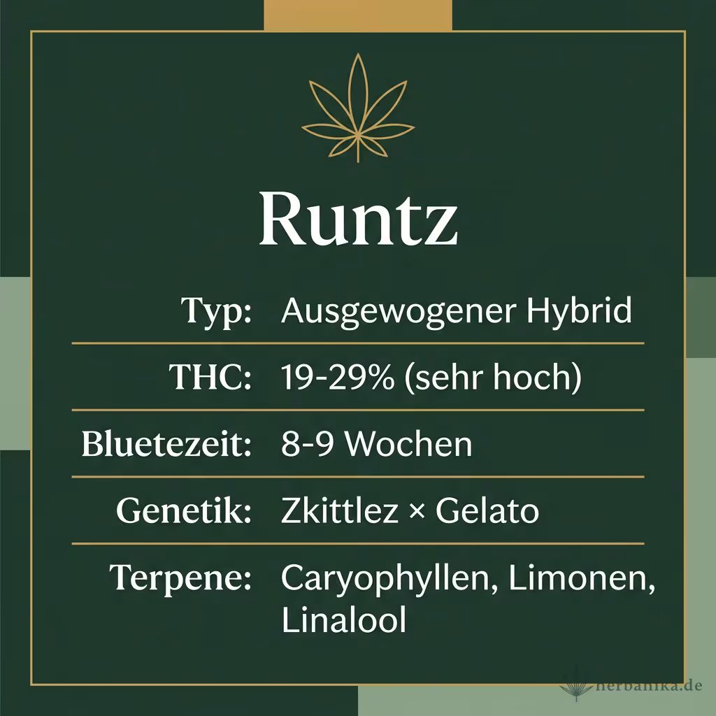 Infografik mit Runtz Key Facts: Typ ausgewogener Hybrid, THC 19-29%, Bluetezeit 8-9 Wochen, Genetik Zkittlez x Gelato und Terpene Caryophyllen, Limonen, Linalool