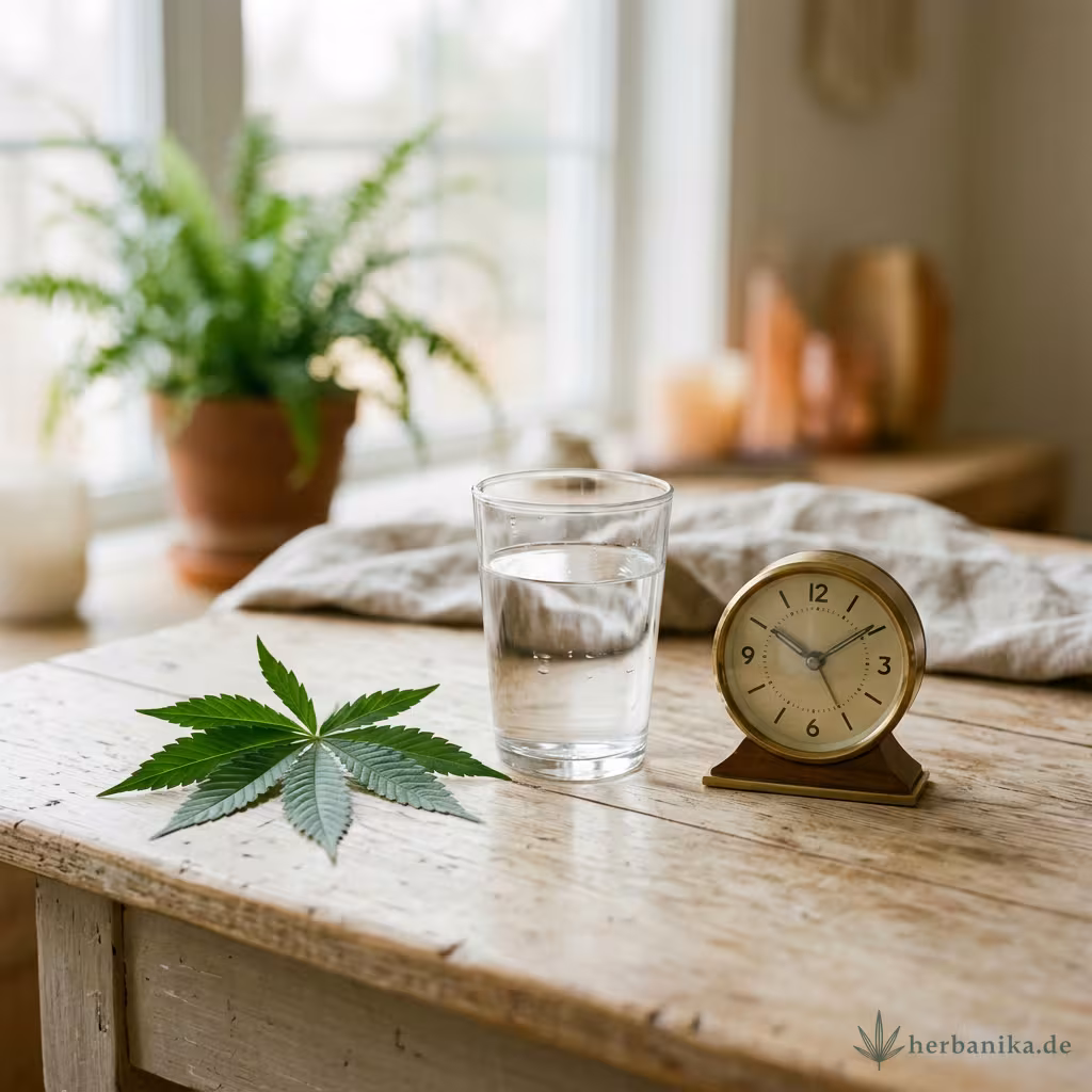 Ein Cannabisblatt neben einem Glas Wasser und einer kleinen Uhr auf neutralem Untergrund