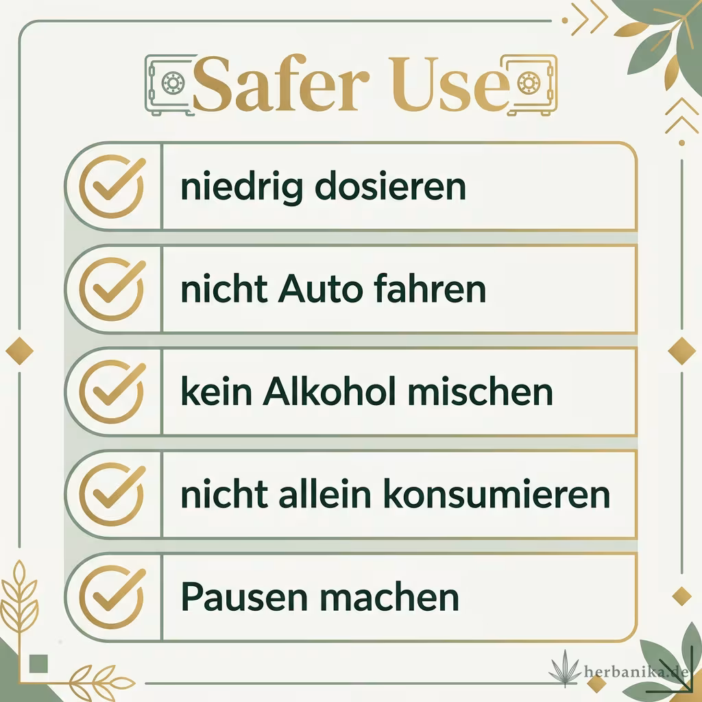 Safer-Use-Checkliste: niedrig dosieren, nicht Auto fahren, kein Alkohol mischen, nicht allein konsumieren, Pausen machen
