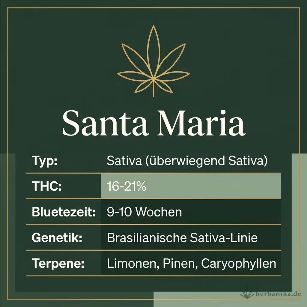 Infografik mit Santa Maria Key Facts: Typ Sativa (überwiegend Sativa), THC 16-21%, Bluetezeit 9-10 Wochen, Genetik Brasilianische Sativa-Linie und Terpene Limonen, Pinen, Caryophyllen
