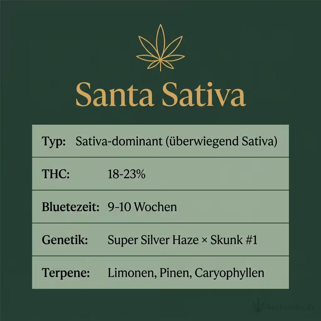 Infografik mit Santa Sativa Key Facts: Typ Sativa-dominant (überwiegend Sativa), THC 18-23%, Bluetezeit 9-10 Wochen, Genetik Super Silver Haze × Skunk #1 und Terpene Limonen, Pinen, Caryophyllen