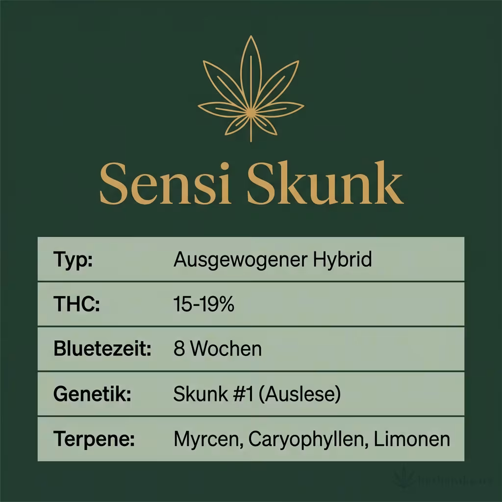 Infografik mit Sensi Skunk Key Facts: Typ Ausgewogener Hybrid, THC 15-19%, Bluetezeit 8 Wochen, Genetik Skunk #1 (Auslese) und Terpene Myrcen, Caryophyllen, Limonen
