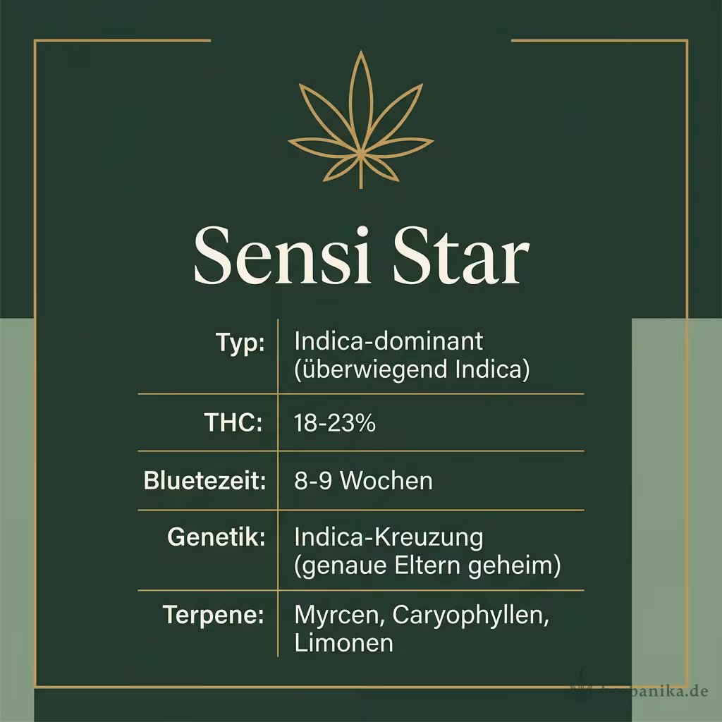 Infografik mit Sensi-Star Key Facts: Typ Indica-dominant, THC 18-23%, Bluetezeit 8-9 Wochen, Genetik Indica-Kreuzung und Terpene Myrcen, Caryophyllen, Limonen