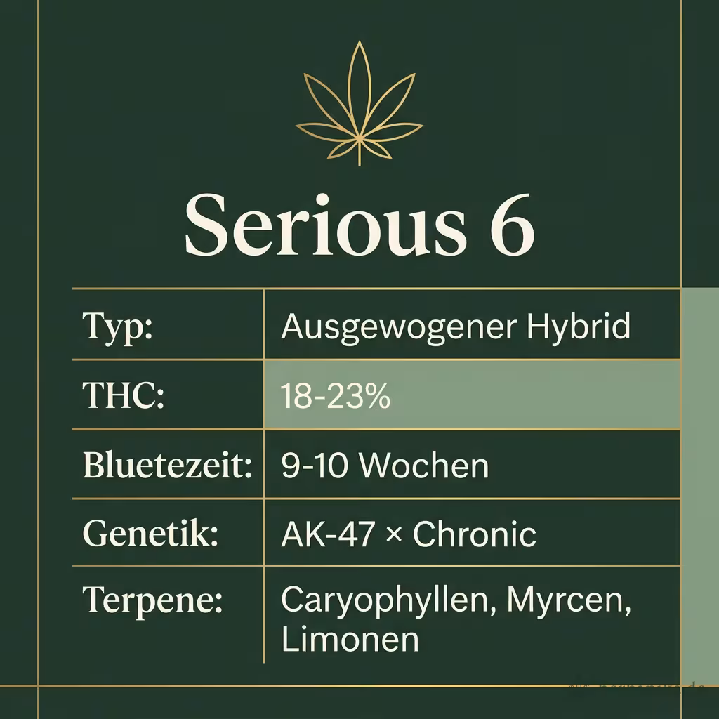 Infografik mit Serious 6 Key Facts: Typ Ausgewogener Hybrid, THC 18-23%, Bluetezeit 9-10 Wochen, Genetik AK-47 × Chronic und Terpene Caryophyllen, Myrcen, Limonen
