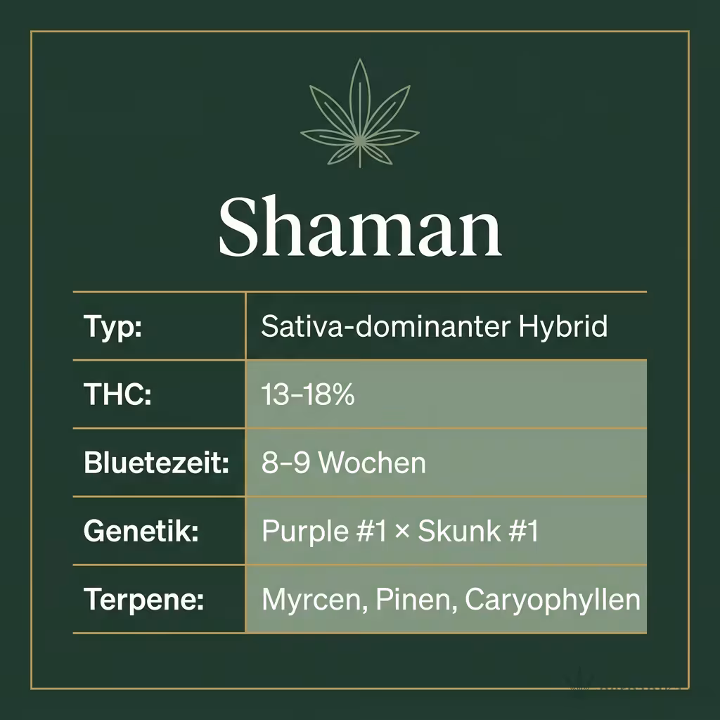 Infografik mit Shaman Key Facts: Typ Sativa-dominanter Hybrid, THC 13-18%, Bluetezeit 8-9 Wochen, Genetik Purple #1 × Skunk #1 und Terpene Myrcen, Pinen, Caryophyllen
