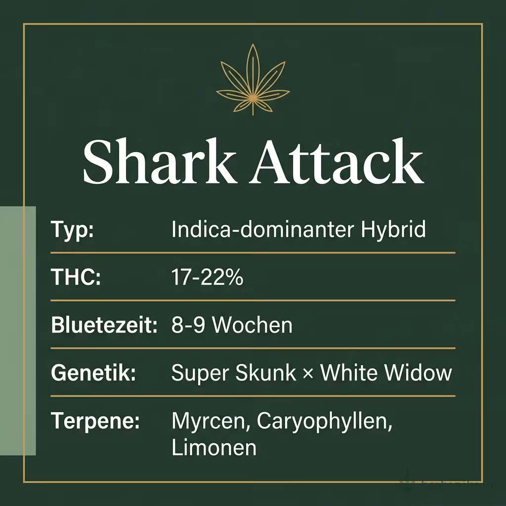 Infografik mit Shark Attack Key Facts: Typ Indica-dominanter Hybrid, THC 17-22%, Bluetezeit 8-9 Wochen, Genetik Super Skunk × White Widow und Terpene Myrcen, Caryophyllen, Limonen