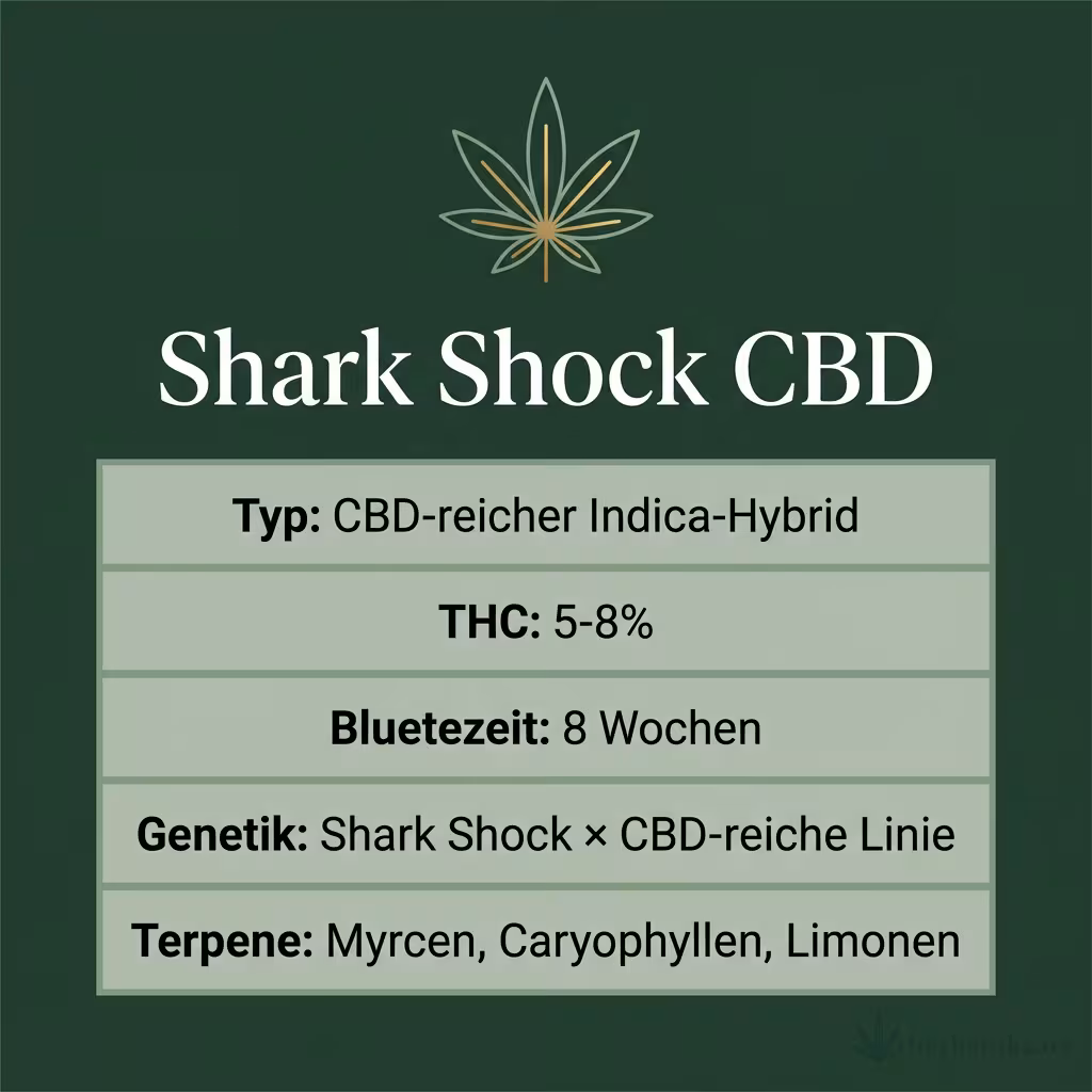 Infografik mit Shark Shock CBD Key Facts: Typ CBD-reicher Indica-Hybrid, THC 5-8%, Bluetezeit 8 Wochen, Genetik Shark Shock × CBD-reiche Linie und Terpene Myrcen, Caryophyllen, Limonen
