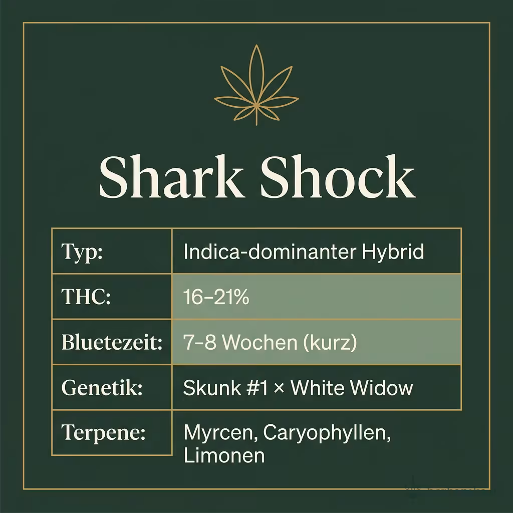 Infografik mit Shark Shock Key Facts: Typ Indica-dominanter Hybrid, THC 16-21%, Bluetezeit 7-8 Wochen (kurz), Genetik Skunk #1 × White Widow und Terpene Myrcen, Caryophyllen, Limonen