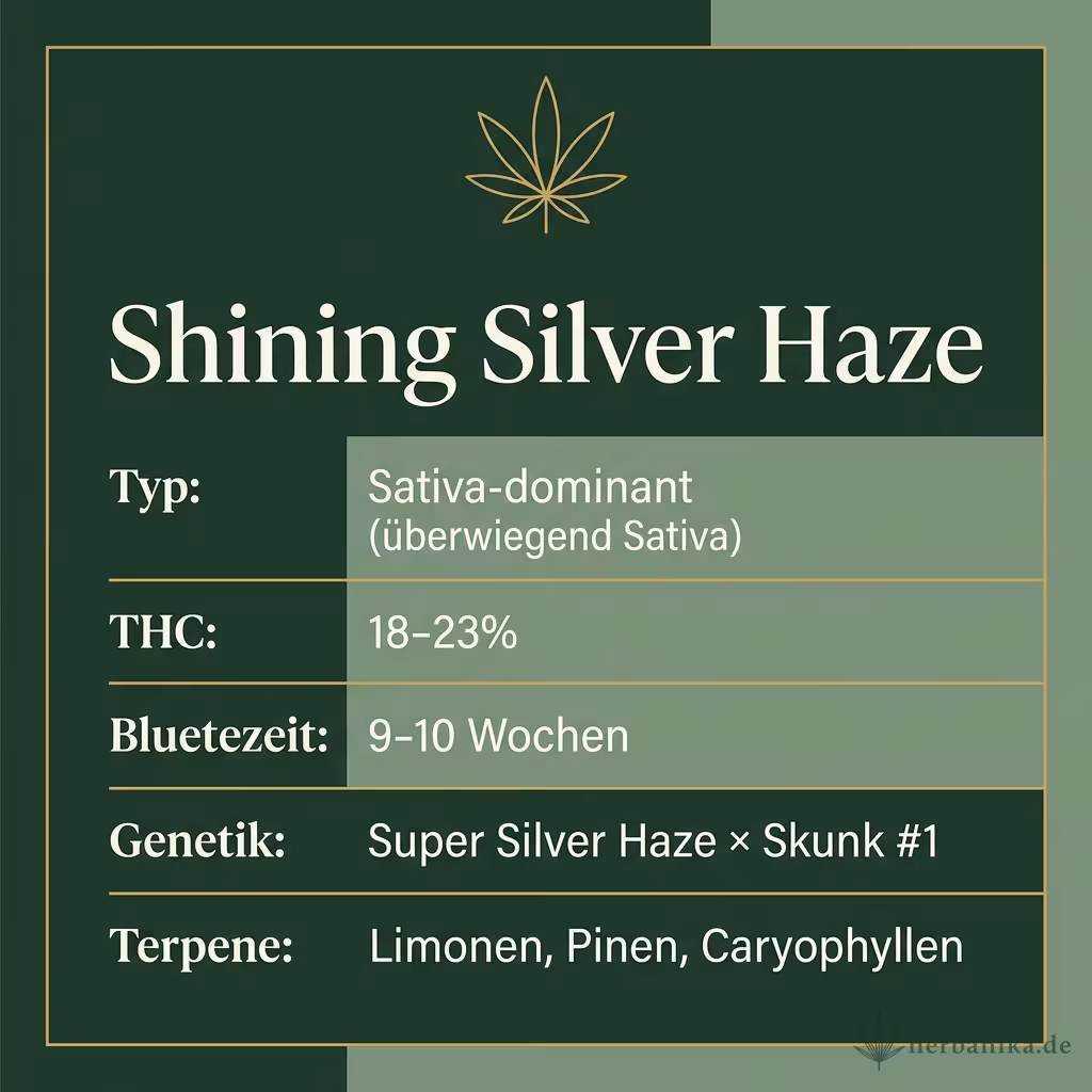 Infografik mit Shining Silver Haze Key Facts: Typ Sativa-dominant (überwiegend Sativa), THC 18-23%, Bluetezeit 9-10 Wochen, Genetik Super Silver Haze × Skunk #1 und Terpene Limonen, Pinen, Caryophyllen