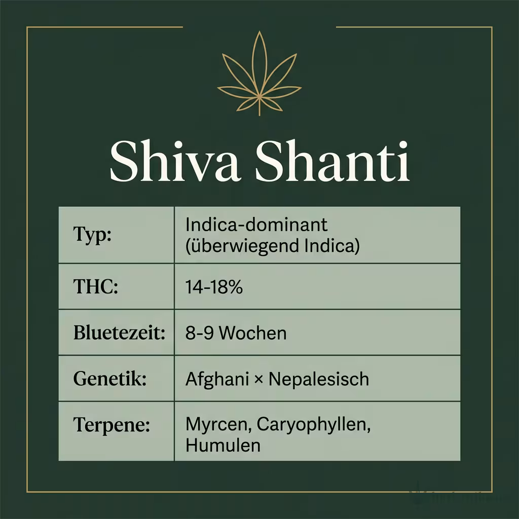 Infografik mit Shiva Shanti Key Facts: Typ Indica-dominant (überwiegend Indica), THC 14-18%, Bluetezeit 8-9 Wochen, Genetik Afghani × Nepalesisch und Terpene Myrcen, Caryophyllen, Humulen