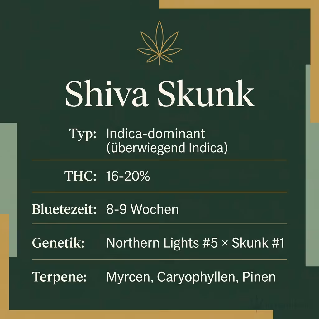 Infografik mit Shiva-Skunk Key Facts: Typ Indica-dominant, THC 16-20%, Bluetezeit 8-9 Wochen, Genetik Northern Lights x Skunk 1 und Terpene Myrcen, Caryophyllen, Pinen
