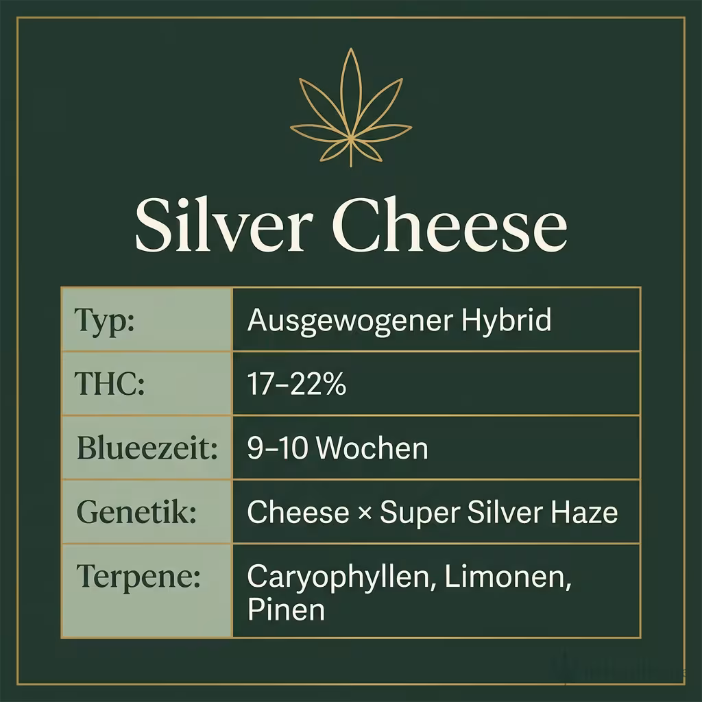 Infografik mit Silver Cheese Key Facts: Typ Ausgewogener Hybrid, THC 17-22%, Bluetezeit 9-10 Wochen, Genetik Cheese × Super Silver Haze und Terpene Caryophyllen, Limonen, Pinen