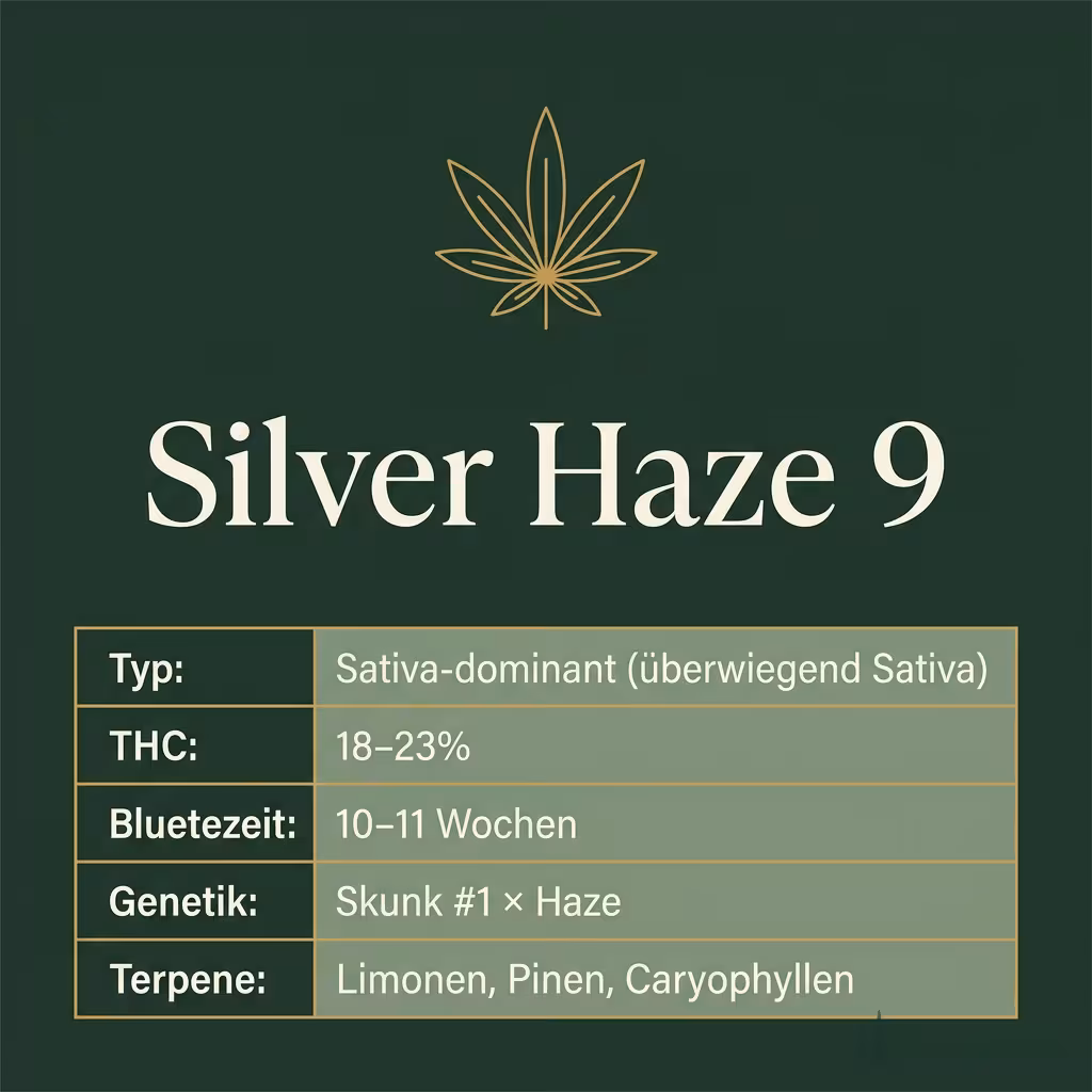 Infografik mit Silver Haze 9 Key Facts: Typ Sativa-dominant (überwiegend Sativa), THC 18-23%, Bluetezeit 10-11 Wochen, Genetik Skunk #1 × Haze und Terpene Limonen, Pinen, Caryophyllen