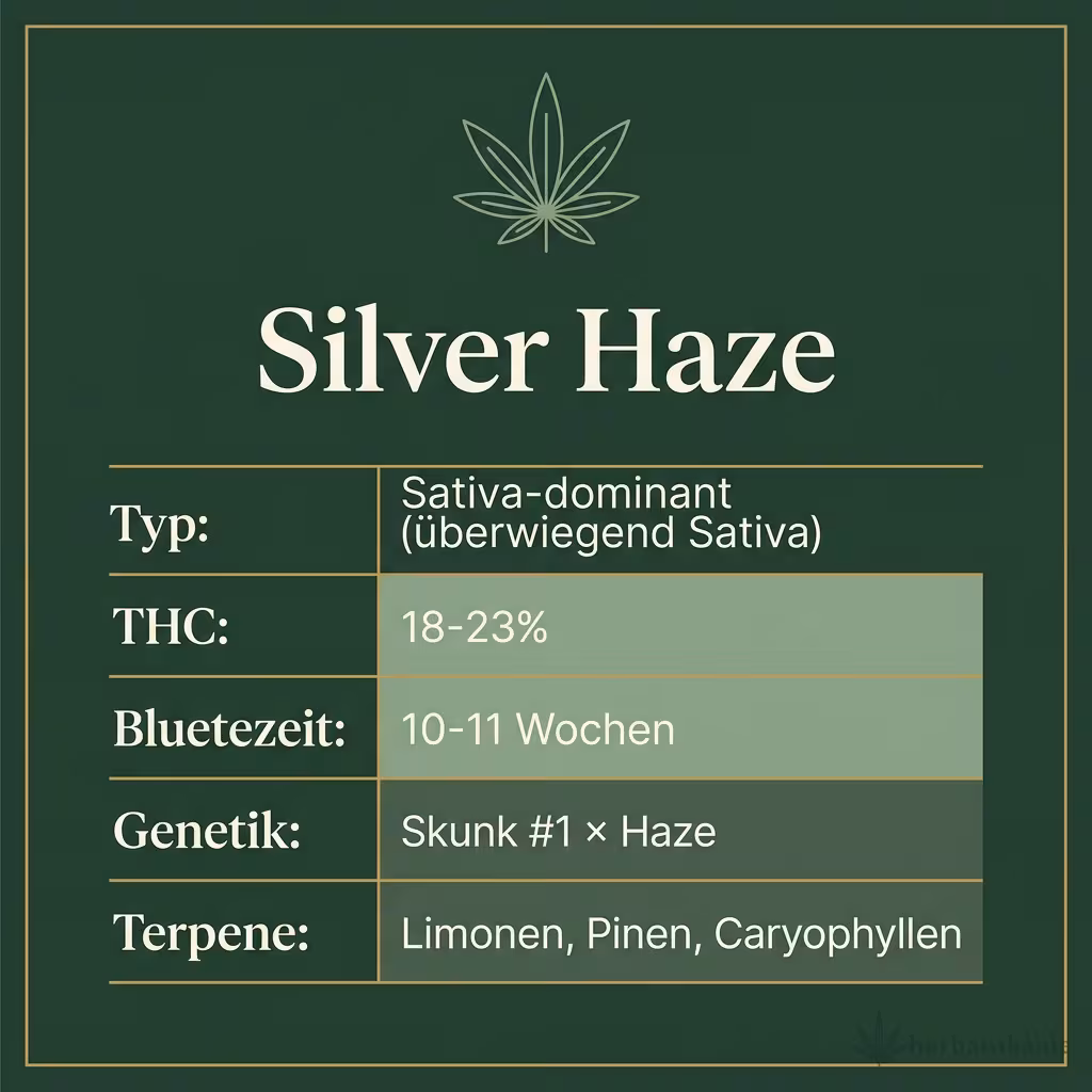 Infografik mit Silver Haze Key Facts: Typ Sativa-dominant (überwiegend Sativa), THC 18-23%, Bluetezeit 10-11 Wochen, Genetik Skunk #1 × Haze und Terpene Limonen, Pinen, Caryophyllen