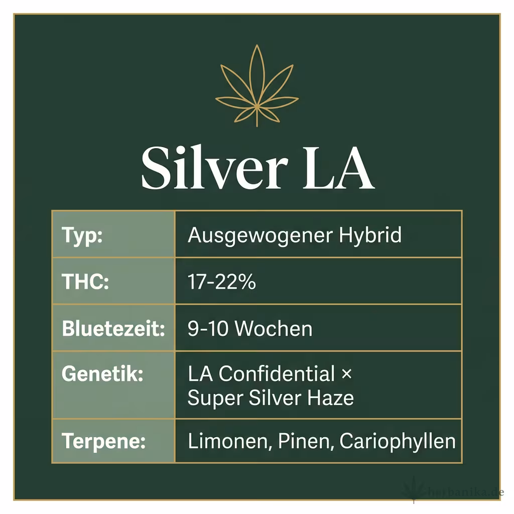 Infografik mit Silver LA Key Facts: Typ Ausgewogener Hybrid, THC 17-22%, Bluetezeit 9-10 Wochen, Genetik LA Confidential × Super Silver Haze und Terpene Limonen, Pinen, Caryophyllen