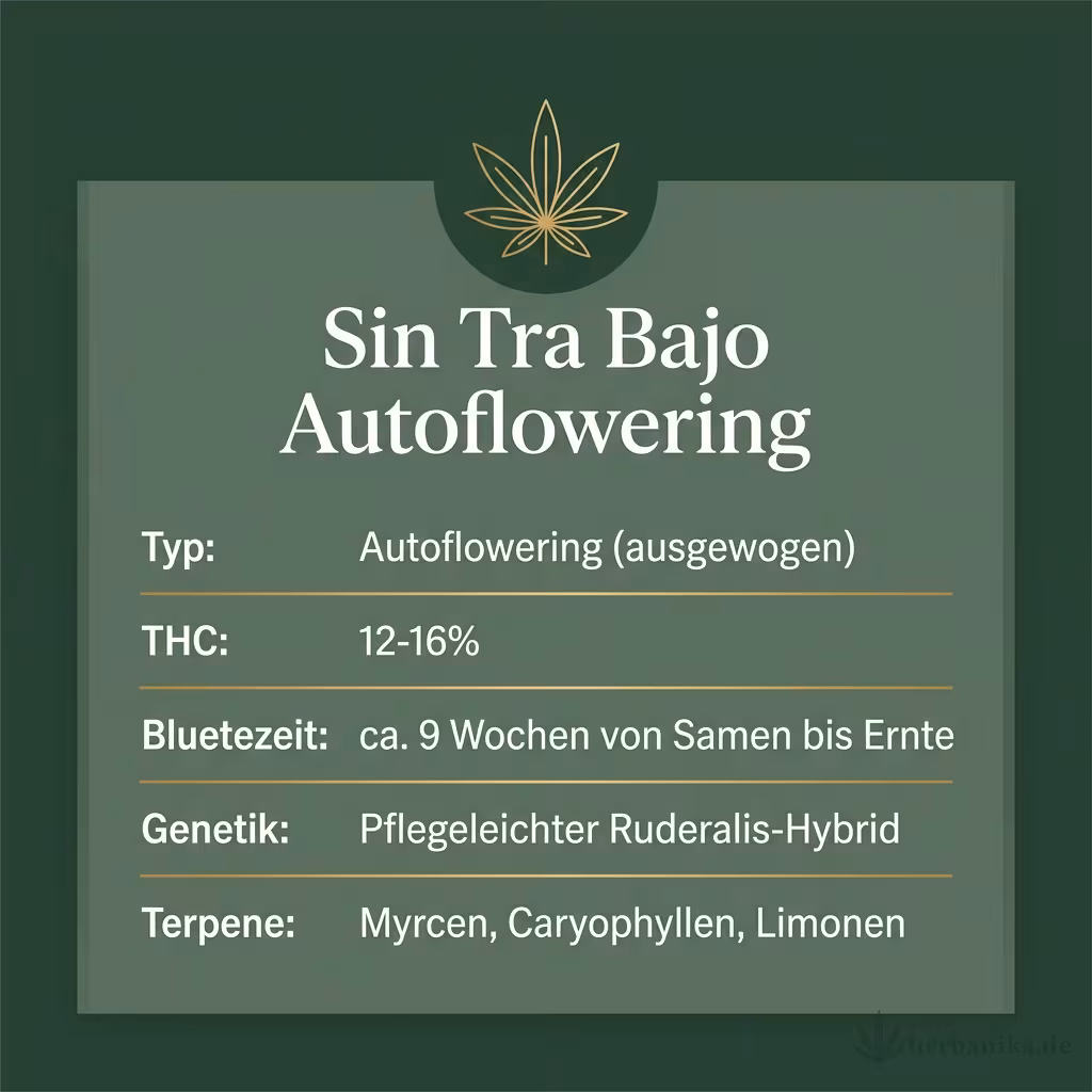 Infografik mit Sin Tra Bajo Autoflowering Key Facts: Typ Autoflowering (ausgewogen), THC 12-16%, Bluetezeit ca. 9 Wochen von Samen bis Ernte, Genetik Pflegeleichter Ruderalis-Hybrid und Terpene Myrcen, Caryophyllen, Limonen