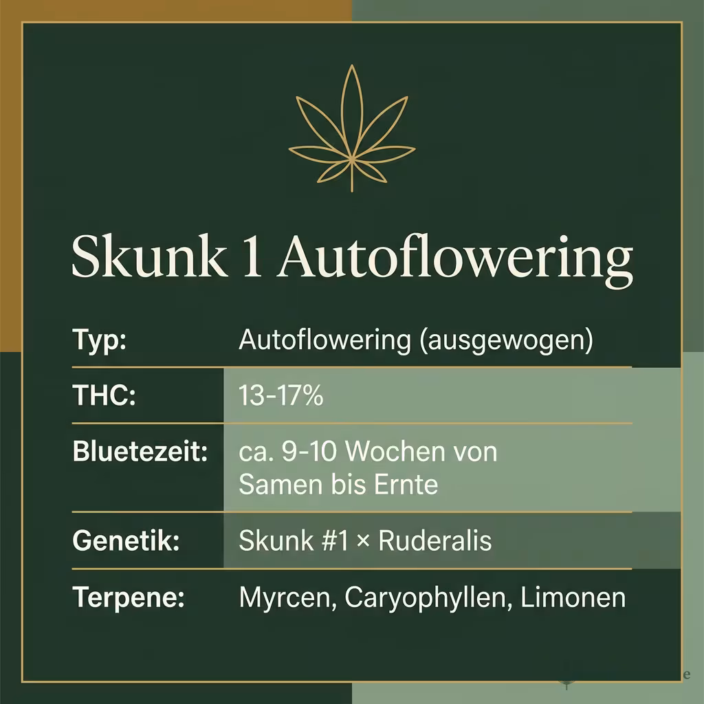 Infografik mit Skunk 1 Autoflowering Key Facts: Typ Autoflowering (ausgewogen), THC 13-17%, Bluetezeit ca. 9-10 Wochen von Samen bis Ernte, Genetik Skunk #1 × Ruderalis und Terpene Myrcen, Caryophyllen, Limonen