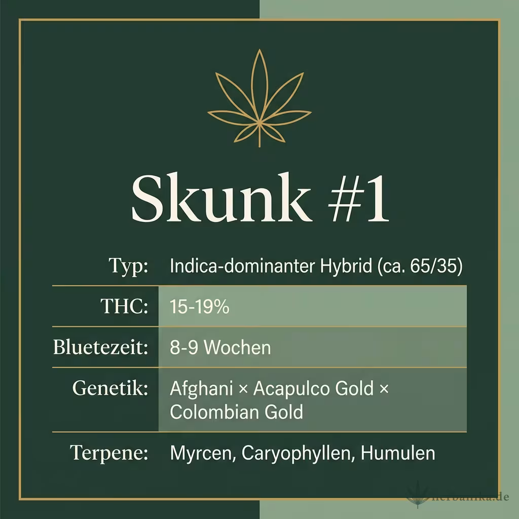Infografik mit Skunk-1 Key Facts: Typ Indica-dominant, THC 15-19%, Bluetezeit 8-9 Wochen, Genetik Afghani x Acapulco Gold x Colombian Gold und Terpene Myrcen, Caryophyllen, Humulen