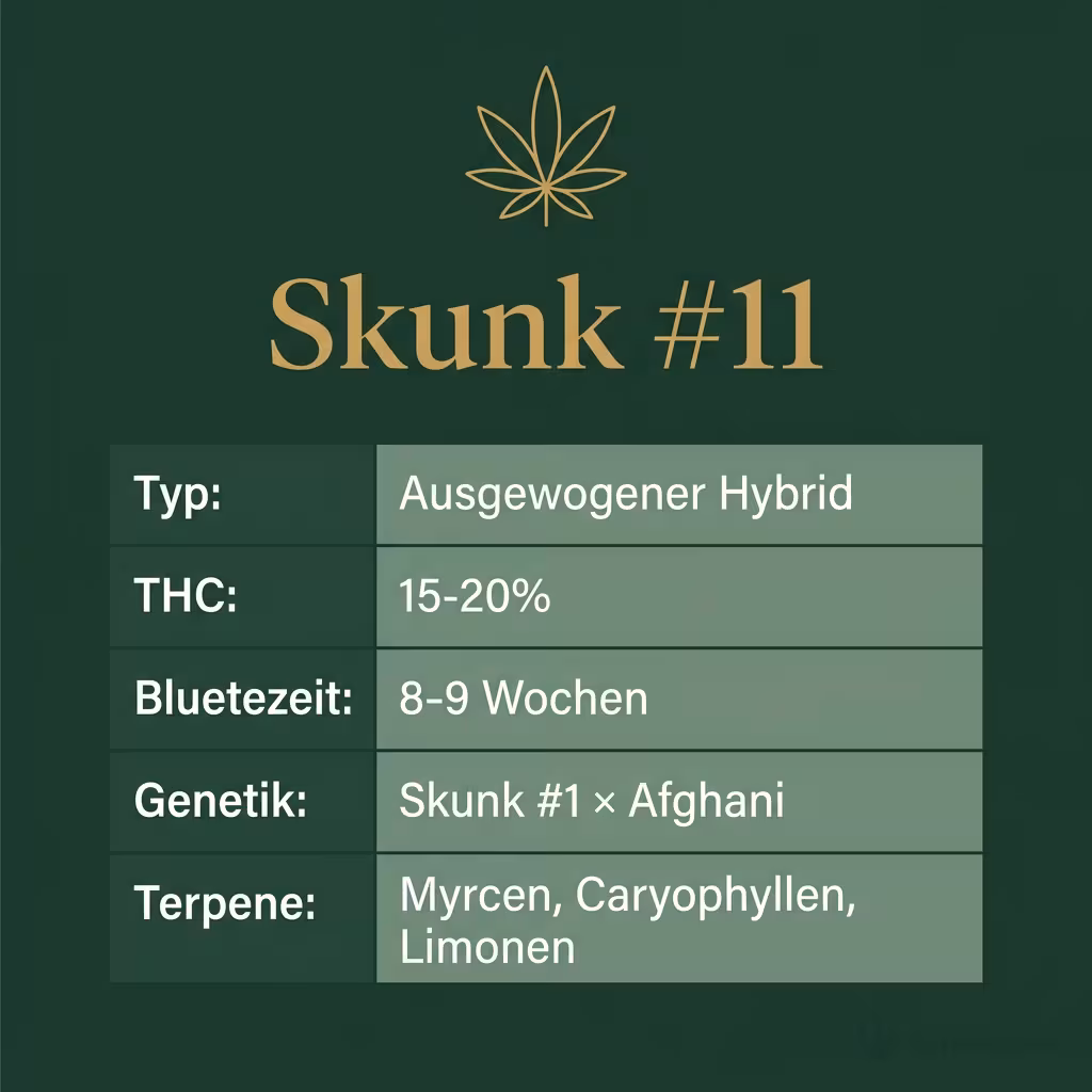 Infografik mit Skunk #11 Key Facts: Typ Ausgewogener Hybrid, THC 15-20%, Bluetezeit 8-9 Wochen, Genetik Skunk #1 × Afghani und Terpene Myrcen, Caryophyllen, Limonen