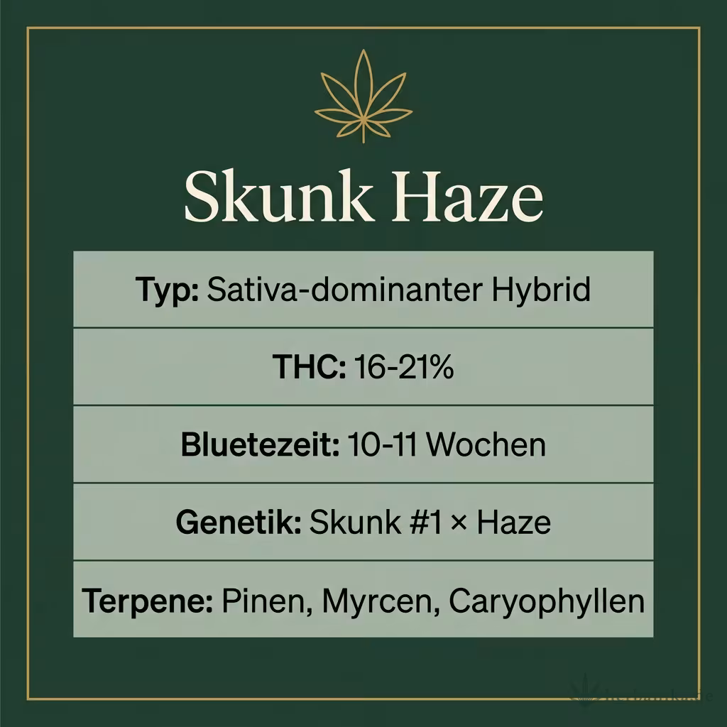 Infografik mit Skunk Haze Key Facts: Typ Sativa-dominanter Hybrid, THC 16-21%, Bluetezeit 10-11 Wochen, Genetik Skunk #1 × Haze und Terpene Pinen, Myrcen, Caryophyllen