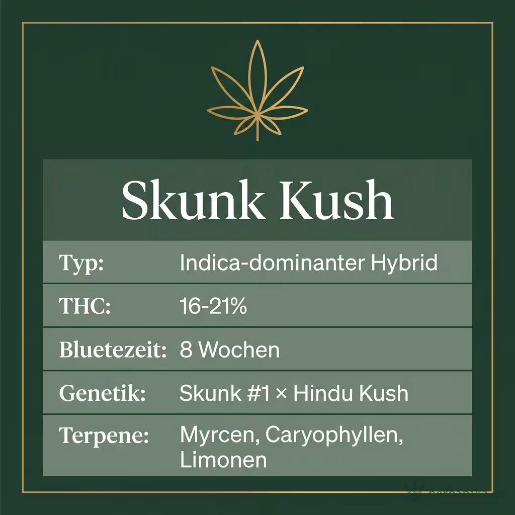 Infografik mit Skunk Kush Key Facts: Typ Indica-dominanter Hybrid, THC 16-21%, Bluetezeit 8 Wochen, Genetik Skunk #1 × Hindu Kush und Terpene Myrcen, Caryophyllen, Limonen