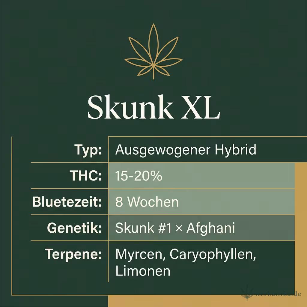 Infografik mit Skunk XL Key Facts: Typ Ausgewogener Hybrid, THC 15-20%, Bluetezeit 8 Wochen, Genetik Skunk #1 × Afghani und Terpene Myrcen, Caryophyllen, Limonen