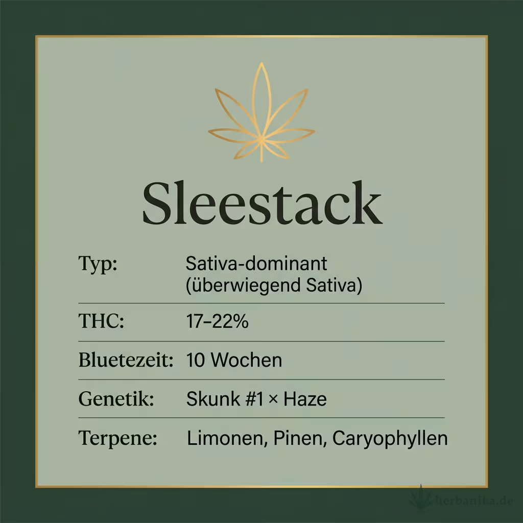 Infografik mit Sleestack Key Facts: Typ Sativa-dominant (überwiegend Sativa), THC 17-22%, Bluetezeit 10 Wochen, Genetik Skunk #1 × Haze und Terpene Limonen, Pinen, Caryophyllen