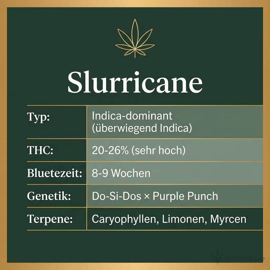 Infografik mit Slurricane Key Facts: Typ Indica-dominant, THC 20-26%, Bluetezeit 8-9 Wochen, Genetik Do-Si-Dos x Purple Punch und Terpene Caryophyllen, Limonen, Myrcen
