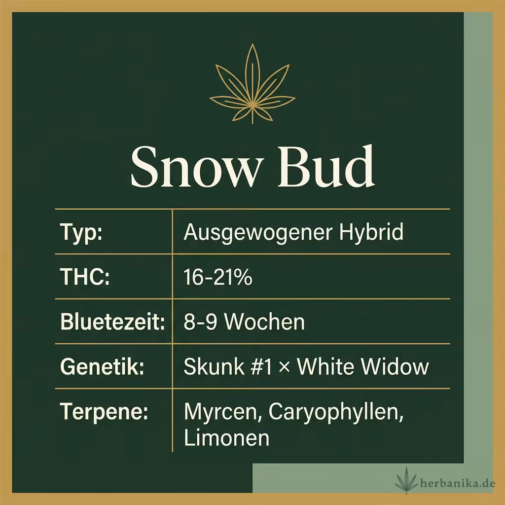 Infografik mit Snow Bud Key Facts: Typ Ausgewogener Hybrid, THC 16-21%, Bluetezeit 8-9 Wochen, Genetik Skunk #1 × White Widow und Terpene Myrcen, Caryophyllen, Limonen