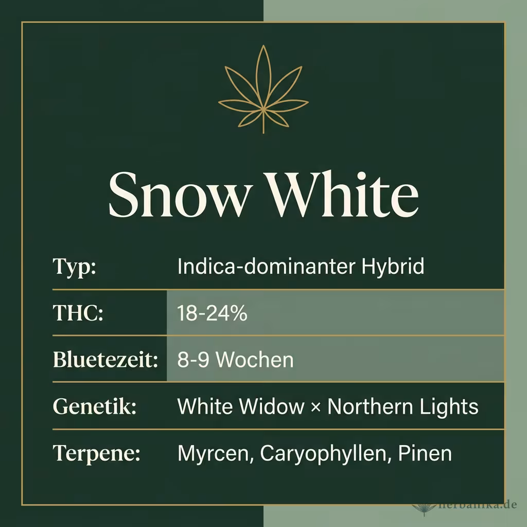 Infografik mit Snow White Key Facts: Typ Indica-dominanter Hybrid, THC 18-24%, Bluetezeit 8-9 Wochen, Genetik White Widow × Northern Lights und Terpene Myrcen, Caryophyllen, Pinen