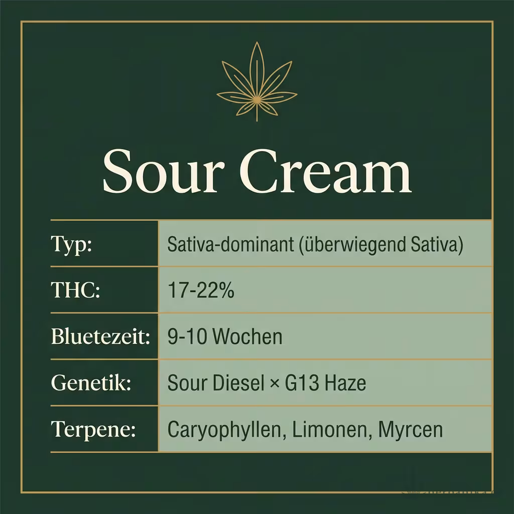 Infografik mit Sour Cream Key Facts: Typ Sativa-dominant (überwiegend Sativa), THC 17-22%, Bluetezeit 9-10 Wochen, Genetik Sour Diesel × G13 Haze und Terpene Caryophyllen, Limonen, Myrcen