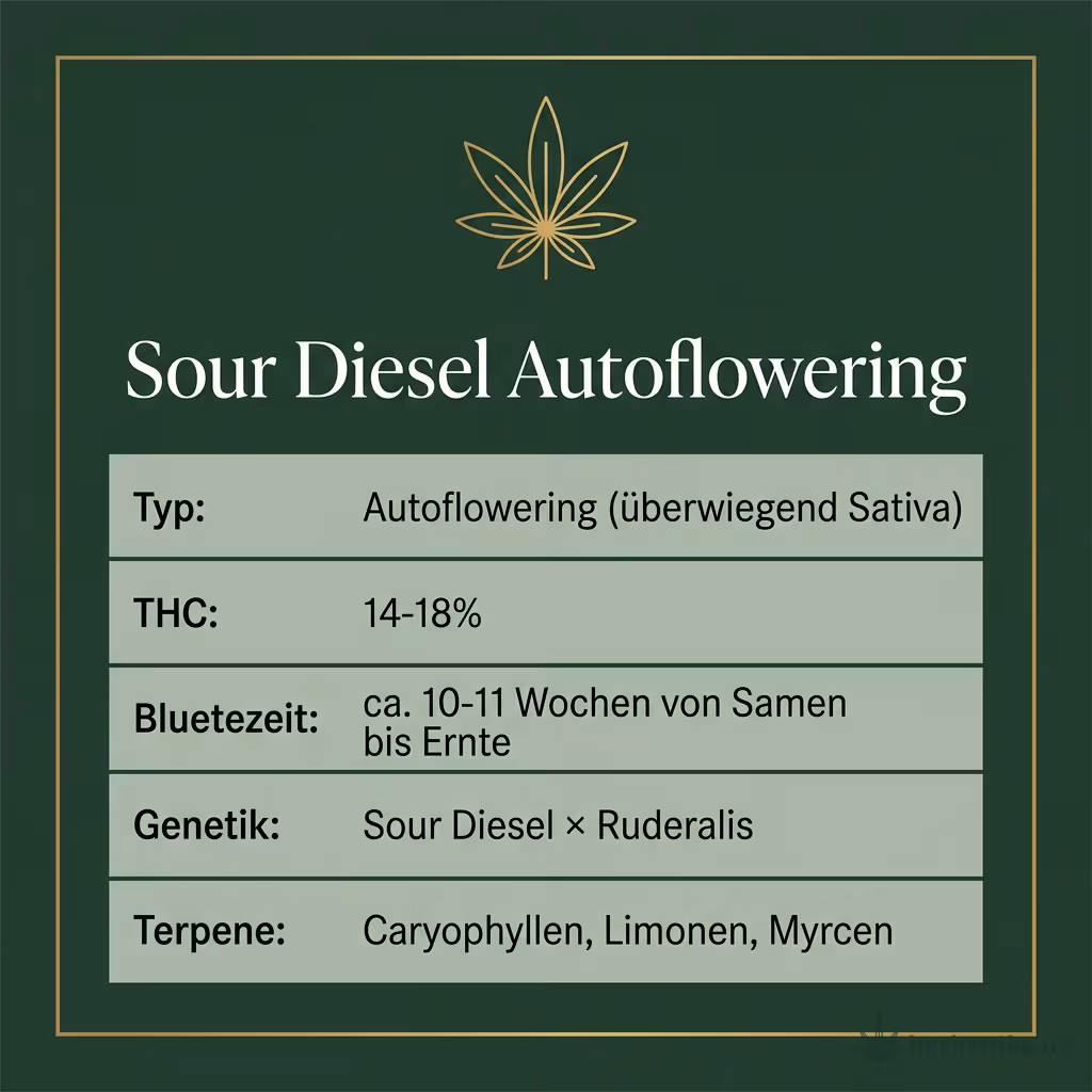 Infografik mit Sour Diesel Autoflowering Key Facts: Typ Autoflowering (überwiegend Sativa), THC 14-18%, Bluetezeit ca. 10-11 Wochen von Samen bis Ernte, Genetik Sour Diesel × Ruderalis und Terpene Caryophyllen, Limonen, Myrcen