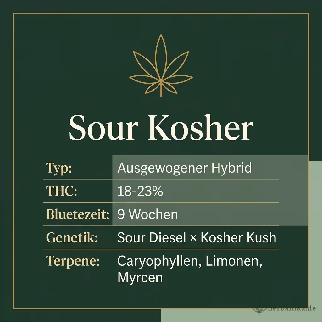 Infografik mit Sour Kosher Key Facts: Typ Ausgewogener Hybrid, THC 18-23%, Bluetezeit 9 Wochen, Genetik Sour Diesel × Kosher Kush und Terpene Caryophyllen, Limonen, Myrcen