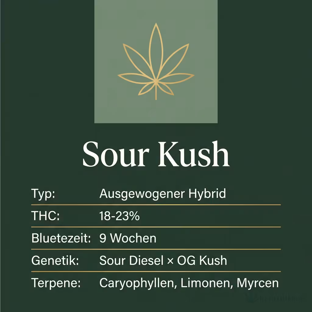 Infografik mit Sour Kush Key Facts: Typ Ausgewogener Hybrid, THC 18-23%, Bluetezeit 9 Wochen, Genetik Sour Diesel × OG Kush und Terpene Caryophyllen, Limonen, Myrcen