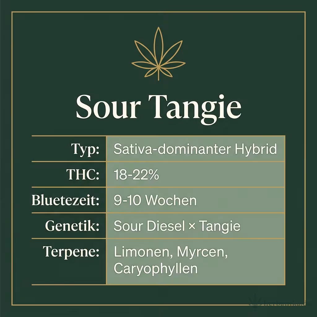 Infografik mit Sour-Tangie Key Facts: Typ Sativa-dominant, THC 18-22%, Bluetezeit 9-10 Wochen, Genetik Sour Diesel x Tangie und Terpene Limonen, Myrcen, Caryophyllen