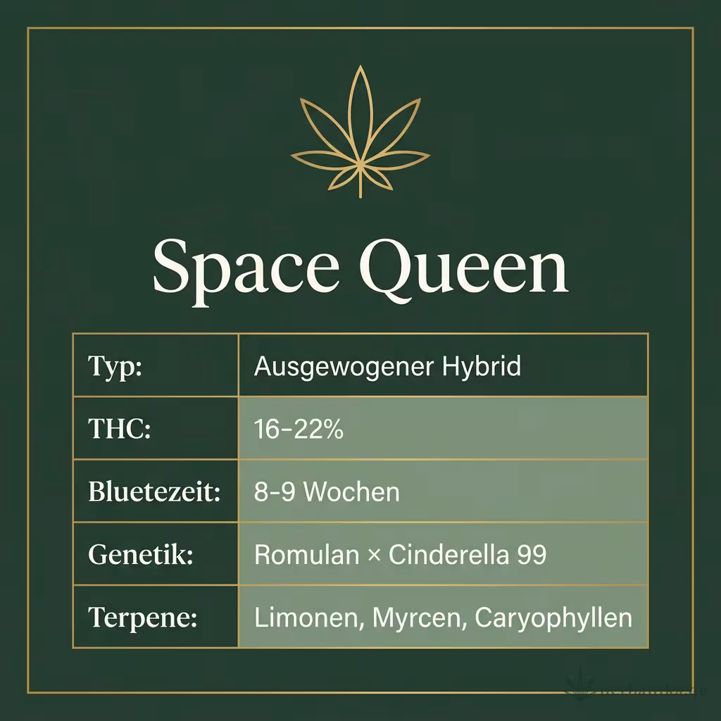 Infografik mit Space Queen Key Facts: Typ Ausgewogener Hybrid, THC 16-22%, Bluetezeit 8-9 Wochen, Genetik Romulan × Cinderella 99 und Terpene Limonen, Myrcen, Caryophyllen