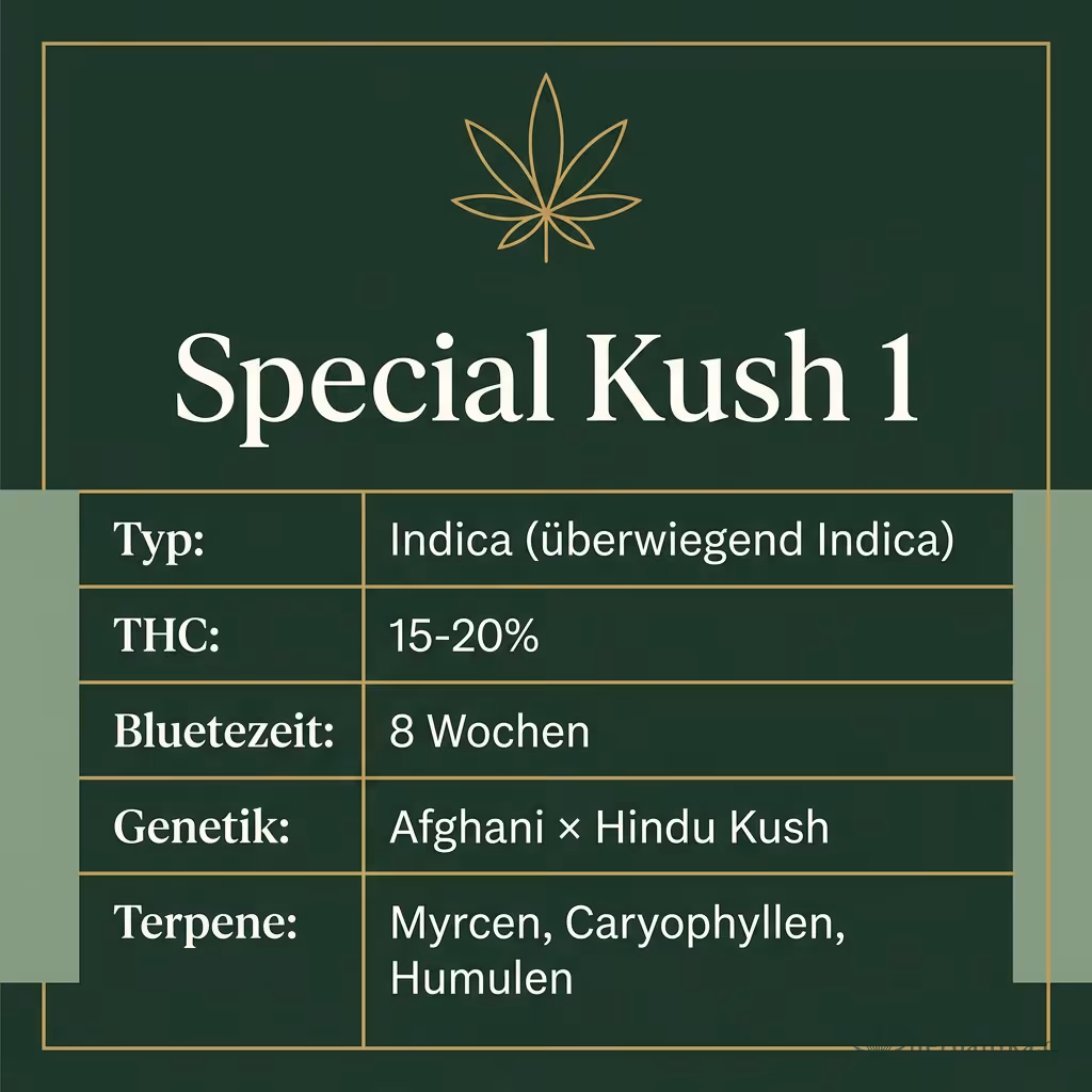 Infografik mit Special Kush 1 Key Facts: Typ Indica (überwiegend Indica), THC 15-20%, Bluetezeit 8 Wochen, Genetik Afghani × Hindu Kush und Terpene Myrcen, Caryophyllen, Humulen