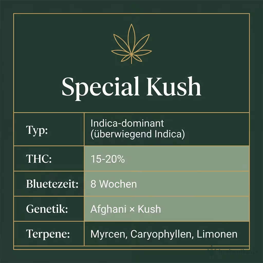 Infografik mit Special Kush Key Facts: Typ Indica-dominant (überwiegend Indica), THC 15-20%, Bluetezeit 8 Wochen, Genetik Afghani × Kush und Terpene Myrcen, Caryophyllen, Limonen