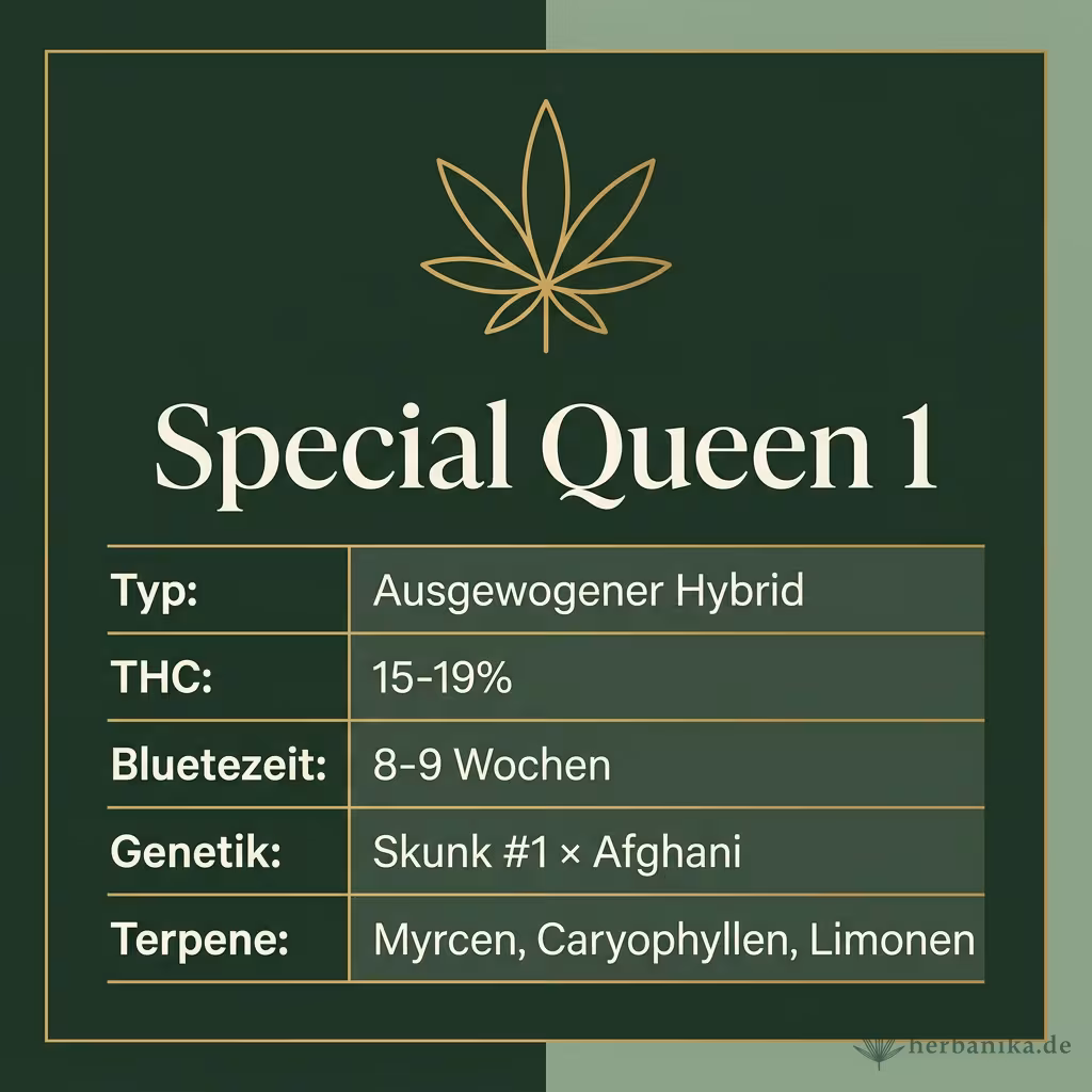 Infografik mit Special Queen 1 Key Facts: Typ Ausgewogener Hybrid, THC 15-19%, Bluetezeit 8-9 Wochen, Genetik Skunk #1 × Afghani und Terpene Myrcen, Caryophyllen, Limonen