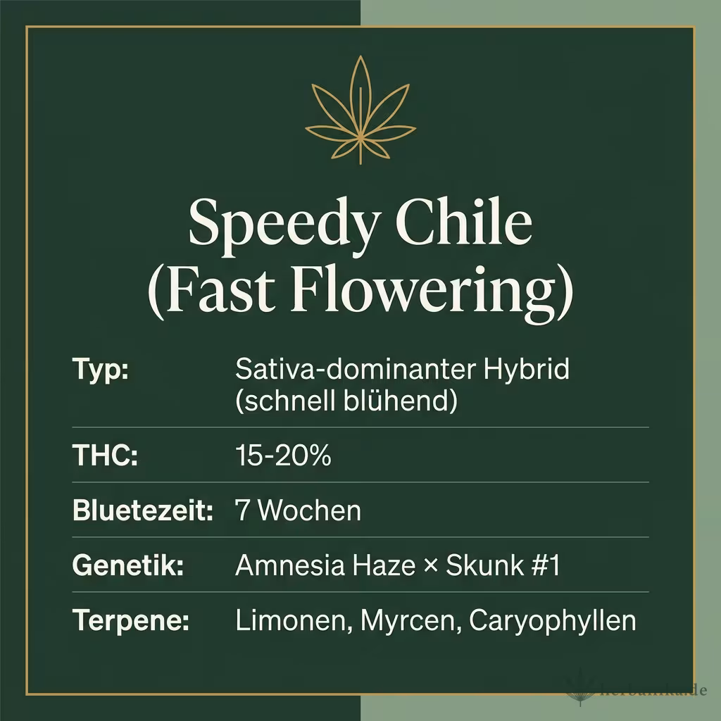 Infografik mit Speedy Chile (Fast Flowering) Key Facts: Typ Sativa-dominanter Hybrid (schnell blühend), THC 15-20%, Bluetezeit 7 Wochen, Genetik Amnesia Haze × Skunk #1 und Terpene Limonen, Myrcen, Caryophyllen