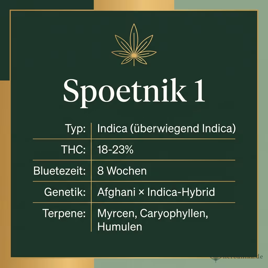 Infografik mit Spoetnik 1 Key Facts: Typ Indica (überwiegend Indica), THC 18-23%, Bluetezeit 8 Wochen, Genetik Afghani × Indica-Hybrid und Terpene Myrcen, Caryophyllen, Humulen