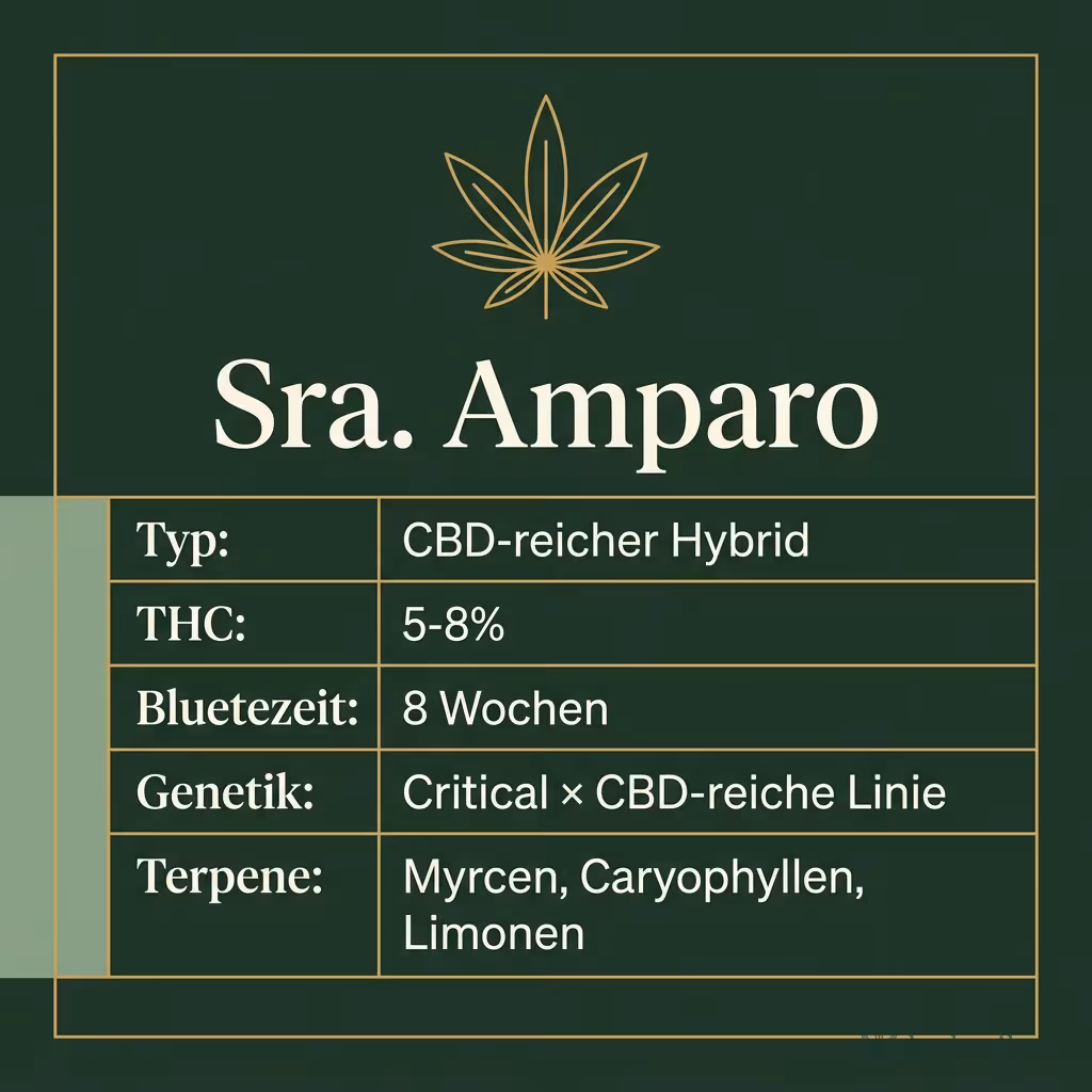 Infografik mit Sra. Amparo Key Facts: Typ CBD-reicher Hybrid, THC 5-8%, Bluetezeit 8 Wochen, Genetik Critical × CBD-reiche Linie und Terpene Myrcen, Caryophyllen, Limonen