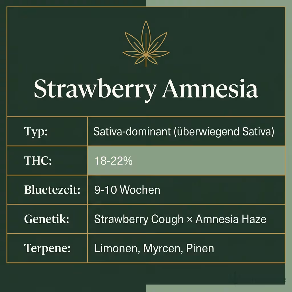 Infografik mit Strawberry Amnesia Key Facts: Typ Sativa-dominant (überwiegend Sativa), THC 18-22%, Bluetezeit 9-10 Wochen, Genetik Strawberry Cough × Amnesia Haze und Terpene Limonen, Myrcen, Pinen