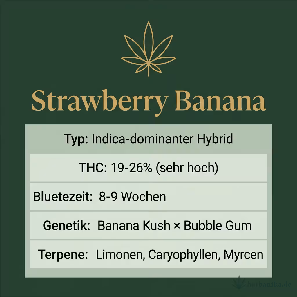 Infografik mit Strawberry-Banana Key Facts: Typ Indica-dominant, THC 19-26%, Bluetezeit 8-9 Wochen, Genetik Banana Kush x Bubble Gum und Terpene Limonen, Caryophyllen, Myrcen