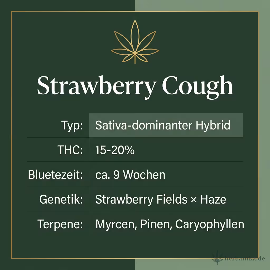 Infografik mit Strawberry-Cough Key Facts: Typ Sativa-dominant, THC 15-20%, Bluetezeit 9 Wochen, Genetik Strawberry Fields x Haze und Terpene Myrcen, Pinen, Caryophyllen